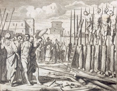 Néhány lázadó felkarolása, Büntetés: Mészáros felkarolás, kocsma. 1672. alkotó: Philip Baldaeus