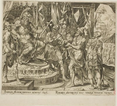 Achior könyörög Holofernészhez az izraelitákért, egy lemez a Judith és Holofernes történetéből alkotó: Philip Galle