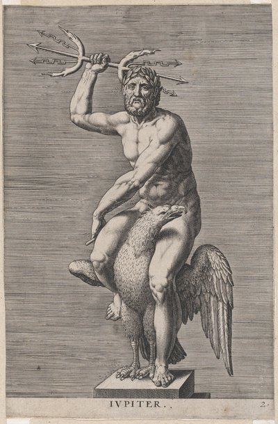 2. tábla: Jupiter, sason ülő meztelen isten szobra, kezében kettős háromágú, innen..., 1586. alkotó: Philip Galle