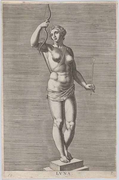 7. tábla: Diana, a meztelen istennő szobra egy talpon, félholdat visel..., 1586. alkotó: Philip Galle