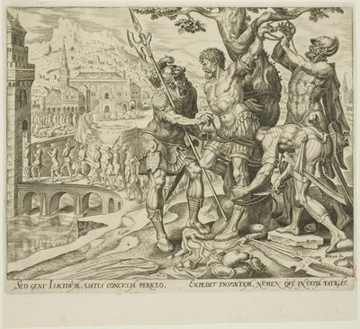 Az izraeliták megtalálják Achiort egy fához kötve, második lemez a Judith és Holofernes történetéből alkotó: Philip Galle