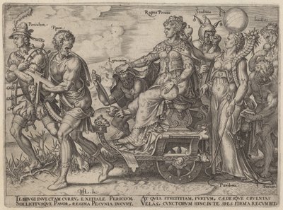 Veszély, szegény, rablás, pénz királynője, ostobaság, irigység (a gazdagságot kísérő veszélyek és gonoszságok) alkotó: Philip Galle, after Maerten van Heemskerck