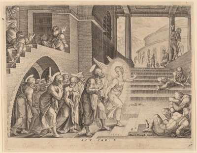 Az apostolok, akiket egy angyal szabadított ki a börtönből alkotó: Philip Galle after Maerten van Heemskerck
