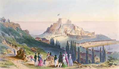 Őfelsége érkezése az Orgueil-hegyre, 1846. szeptember 3., Viktória királynő jersey-i látogatásáról, metszett H. Walter, 1847 alkotó: Philip John Ouless