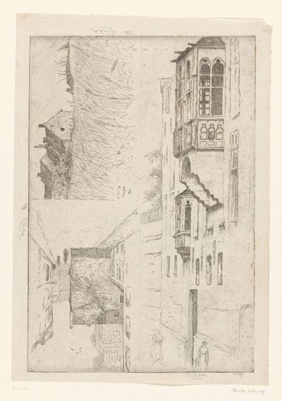 Búzamező házakkal és két kilátással a házakra a városban Blight lyuk; Champ de Blé / Rue Haute / Etude de la bretêche de l