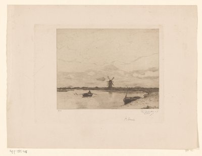 Evezős csónakkal vitorlázni malomos réti tájon Paysage (eredeti cím) alkotó: Philip Zilcken (signed by artist)