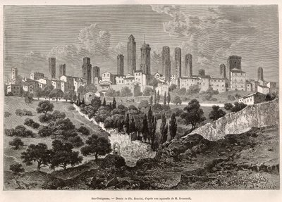 Kilátás San Gimignano-ra (Toszkána, Olaszország). Metszet Ph. Benoist rajza után, a toszkánai és umbriai utazás szemléltetésére, Francis Wey 1875-ben, megjelent a „” Le tour du monde”” 1876-ban, szerkesztette Edouard Charton, Hachette kiadás, Párizs. Selva alkotó: Philippe Benoist