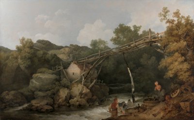 Kilátás Matlock közelében, Derbyshire államban, egy fából készült szállítószalag alatt dolgozó figurákkal alkotó: Philippe Jacques de Loutherbourg