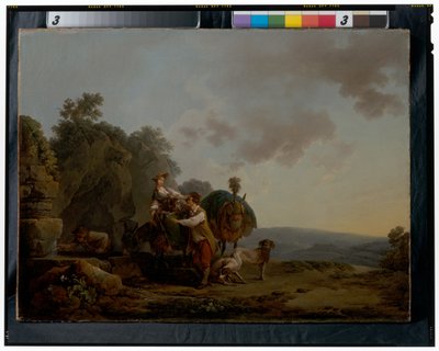 Travellers with hounds and heavily laden mules at a well alkotó: Philippe Jacques de Loutherbourg