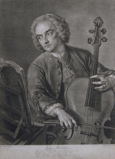 John Hebden (fl.1740-60), Händel zenekarának csellistája portréja, John Faber (1684-1756) metszete, 1741 alkotó: Philippe Mercier