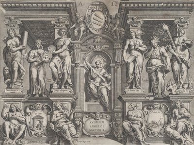 Allegorikus tézisnyomat különféle figurákkal, építészeti szerkezetben, 1608. alkotó: Philippe Thomassin