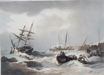 Vihar Margate-nél, az 1805-ben megjelent "The Romantic and Picturesque Scenery of England and Wales" (Anglia és Wales romantikus és festői tájai) című műből (színes metszet). alkotó: Philippe de (after) Loutherbourg