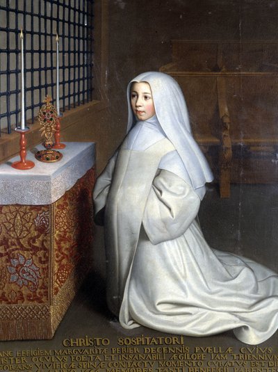 Marguerite Périer portréja, a Port Royal des Champs-i kolostor (Port-Royal-des-Champs) rabja és Pascal unokahúga („” Krisztushoz, a Megváltóhoz: Marguerite Périer, egy 10 éves kislány, akinek meggyógyult a bal szeme érintkezik az élénkítő tövissel" - O alkotó: Philippe de (attr. to) Champaigne