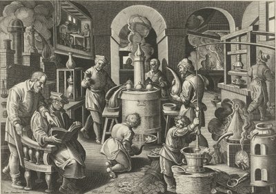 Lepárlás Új találmányok és felfedezések (sorozat címe) Nova Reperta (sorozat címe) alkotó: Philips Galle (attributed to workshop of)
