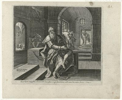 Koning Manasse börtönben Boetedoening en berouw in het Oude Testament en het Nieuwe Testament (sorozat címe) Az isteni engedékenység és irgalom egyik fajtája azokkal szemben, akik teljes szívükből megbánják vétkeiket és Istenhez fordulnak (sorozat alkotó: Philips Galle (attributed to workshop of)