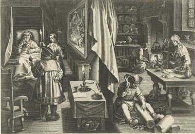 Gyógyszer szifiliszre Új találmányok és felfedezések (sorozat címe) Nova Reperta (sorozat címe) alkotó: Philips Galle (attributed to workshop of)