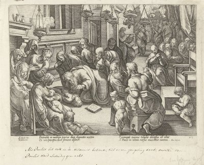 Pál életre kelti Eutikhoszt Az Apostolok Cselekedetei (sorozat címe) Acta Apostolorum (sorozat címe) alkotó: Philips Galle (workshop of)