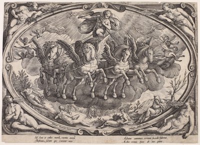 Apollón (Sol) a napkocsival (A négy évszak a nappal, címlap) alkotó: Philips Galle