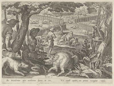 Drijfjacht op zwijnen Jachttaferelen (sorozat címe) Amelyben mindenféle vadászat, madártartás és horgászat (sorozat címe) alkotó: Philips Galle
