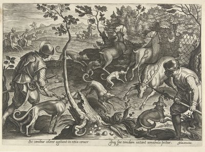 Hertenjacht met vallen Jachttaferelen (sorozat címe) Amelyben mindenféle vadászat, madártartás és horgászat (sorozat címe) alkotó: Philips Galle