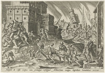 Ai királyának holttestét a város kapujához viszik The Days of Doom of the Jewish People (sorozat címe) alkotó: Philips Galle