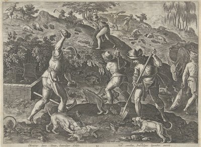 Jacht op dassen Jachttaferelen (sorozat címe) Amelyben mindenféle vadászat, madártartás és horgászat (sorozat címe) alkotó: Philips Galle