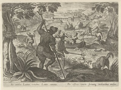 Jacht op vidra Jachttaferelen (sorozat címe) Amelyben mindenféle vadászat, madártartás és horgászat (sorozat címe) alkotó: Philips Galle