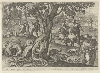 Jacht op wilde katten Jachttaferelen (sorozat címe) Amelyben mindenféle vadászat, madártartás és horgászat (sorozat címe) alkotó: Philips Galle
