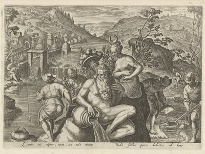 Nachtelijk vissen met een hengel Jachttaferelen (sorozat címe) Amelyben mindenféle vadászat, madártartás és horgászat (sorozat címe) alkotó: Philips Galle