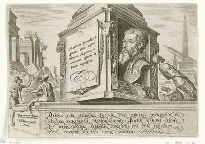 Maarten van Heemskerck portréja egy oszlop talapzatán The Days of Doom of the Jewish People (sorozat címe) alkotó: Philips Galle