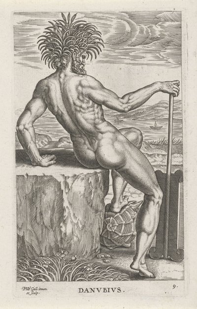 Riviergod Duna Danvbivs (cím az objektumon) Rivier- en zeegoden (sorozat címe) Elegáns portrék a tengeri félistenekről és az Amnicus-fókákról (sorozat címe) alkotó: Philips Galle