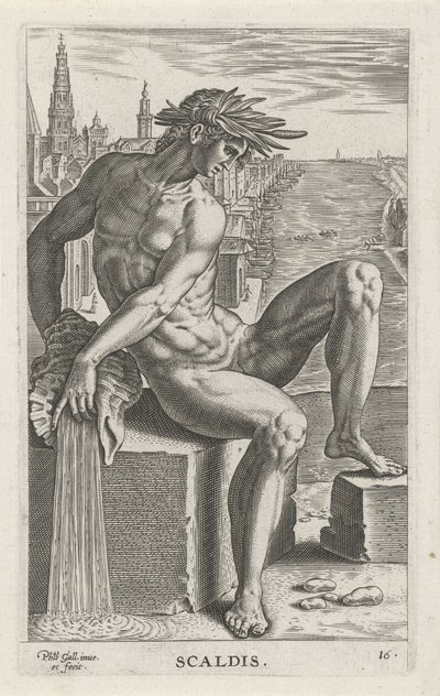 Riviergod Scaldis Scaldis (cím az objektumon) Rivier- en zeegoden (sorozat címe) Elegáns portrék a tengeri félistenekről és az Amnicus-fókákról (sorozat címe) alkotó: Philips Galle