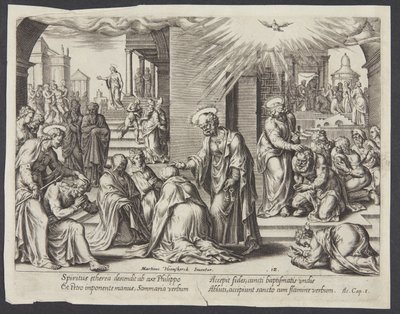 Szent Péter, Szent János és Szent Fülöp kezüket ráteszik a megkereszteltekre Szamáriában alkotó: Philips Galle