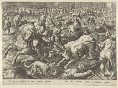 Stierengevecht Jachttaferelen (sorozat címe) Amelyben mindenféle vadászat, madártartás és horgászat (sorozat címe) alkotó: Philips Galle