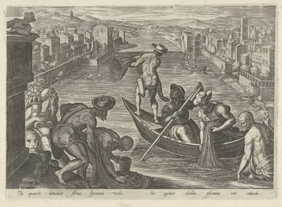 Visvangst met net Jachttaferelen (sorozat címe) Amelyben mindenféle vadászat, madártartás és horgászat (sorozat címe) alkotó: Philips Galle