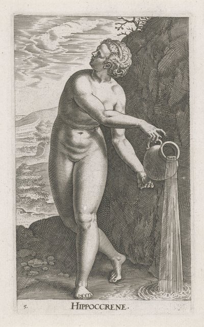 Waternimf Hippocrene Hippocrene (cím a tárgyon) Stroom – vízi nimfa (sorozat címe) Nympharum oceanitidum, Ephydridum potamidum naiadum (sorozat címe) alkotó: Philips Galle