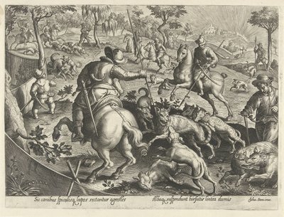 A Wolvenjacht reményt adott Jachttaferelen (sorozat címe) Amelyben mindenféle vadászat, madártartás és horgászat (sorozat címe) alkotó: Philips Galle