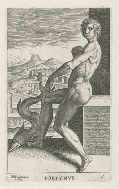 Zeegod Portunus Portvnvs (cím az objektumon) Rivier- en zeegoden (sorozat címe) Elegáns portrék a tengeri félistenekről és az Amnicus-fókákról (sorozat címe) alkotó: Philips Galle