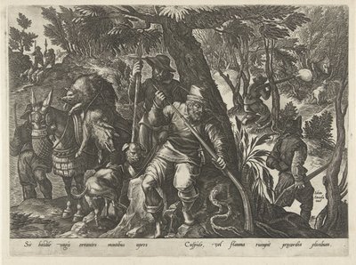 Zwijnenjacht met geweren Jachttaferelen (sorozat címe) Amelyben mindenféle vadászat, madártartás és horgászat (sorozat címe) alkotó: Philips Galle