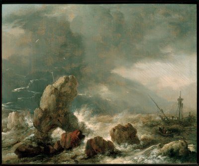 Viharos tenger három bajba jutott hajóval alkotó: Philips Wouwerman