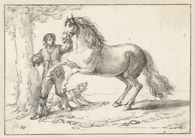 Fiatal férfi tenyészló lovat tart a kantáránál, megijedt egy ugató kutyától alkotó: Philips Wouwerman