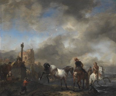 Lovas tavacska egy határkő mellett, 1651-1654 körül (olaj, tábla) alkotó: Philips Wouwermans or Wouvermans