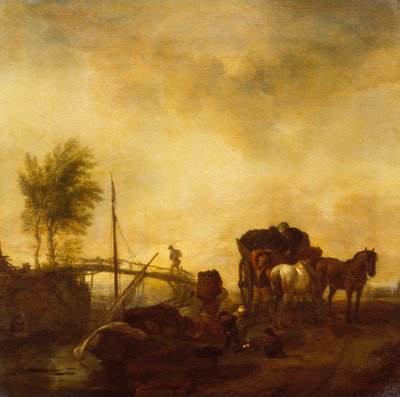 Munkások tőzeget rakodnak egy uszályról egy szekérre (olaj, tábla) alkotó: Philips Wouwermans or Wouvermans