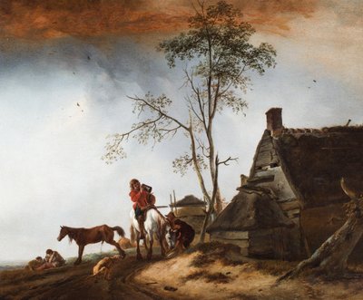 Utazók pihennek egy házikó közelében egy kutyával és egy lóval alkotó: Philips Wouwermans or Wouvermans