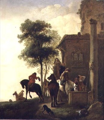Az utazók, akik egy fogadón kívül itatják lovaikat (olaj a panelen) alkotó: Philips Wouwermans or Wouwerman