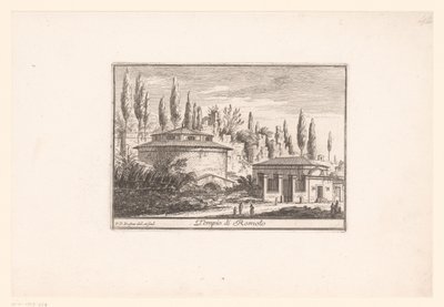 Kilátás Romulus templomára Tempio di Romolo (cím a tárgyon) Kilátás az ókori és modern Rómára (sorozat címe) Varie Vedute di Roma Antica, e Moderna (sorozat címe) alkotó: Philothée Francois Duflos
