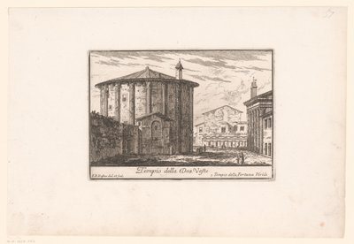 Kilátás a Vesta templomra Tempio della Dea Veste (cím a tárgyon) Kilátás az ókori és modern Rómára (sorozat címe) Varie Vedute di Roma Antica, e Moderna (sorozat címe) alkotó: Philothée Francois Duflos
