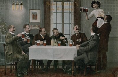Képeslap németekről, akik sört isznak és a pincérnővel szórakoznak, 1913-ban küldték (kézzel színezett fénykép) alkotó: Photographer German
