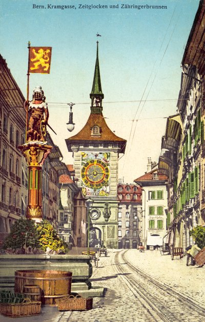A Zytglogge óratorony és a Zahringerbrunnen szökőkút, Kramgasse, Bern, Svájc (színes fotó) alkotó: Photographer Swiss