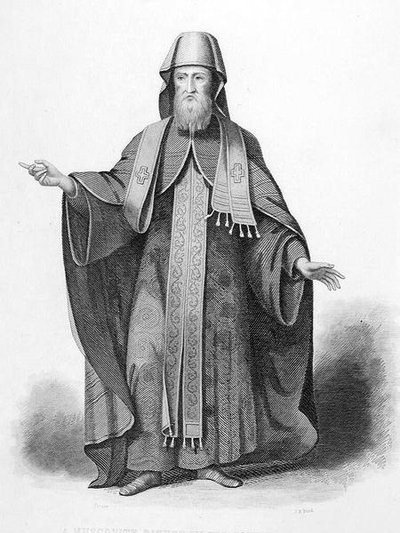 Egy moszkvai püspök pápai öltözékben, J. B. Bird metszete, az A. Fullarton & Co. által kiadott "World Religion" című kötetből. (metszet) alkotó: Picart (after)